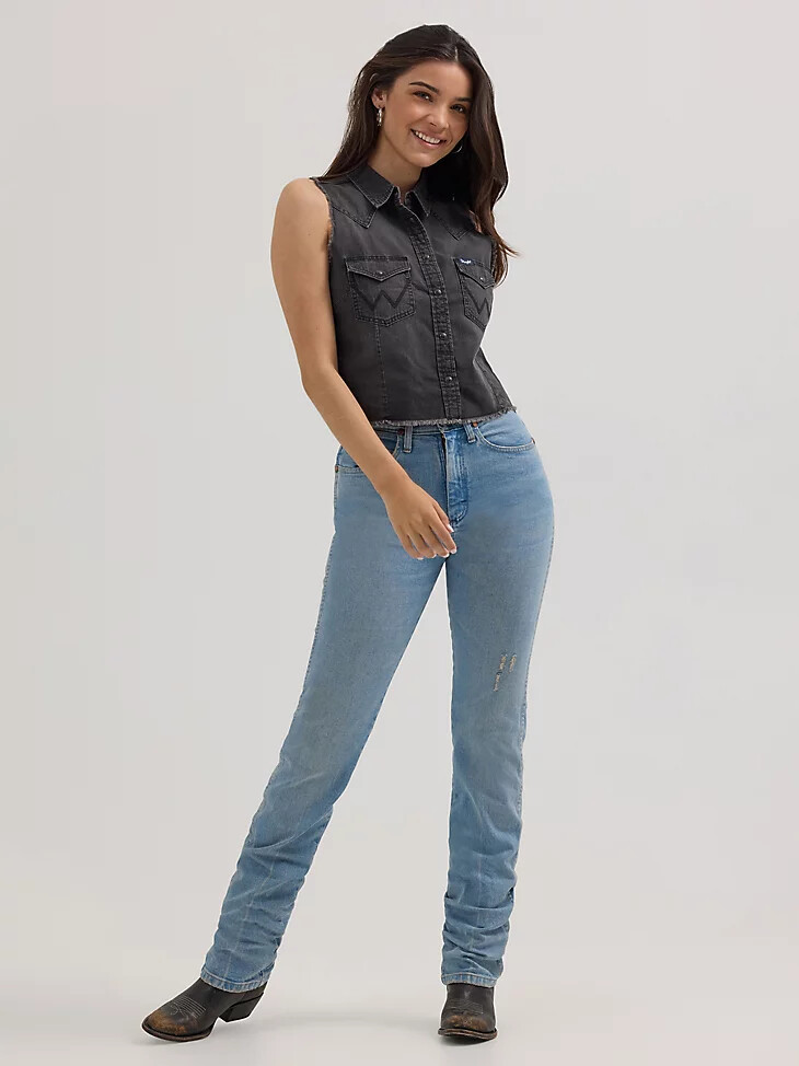 canotta da donna wrangler frayed denim crop western snap nera