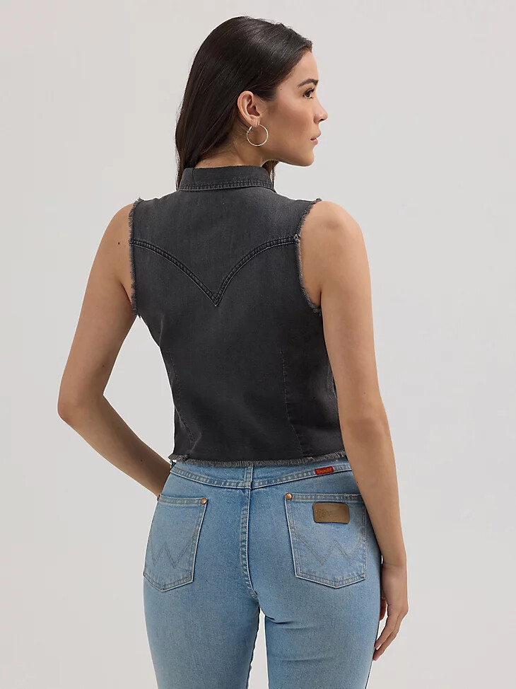 canotta da donna wrangler frayed denim crop western snap nera