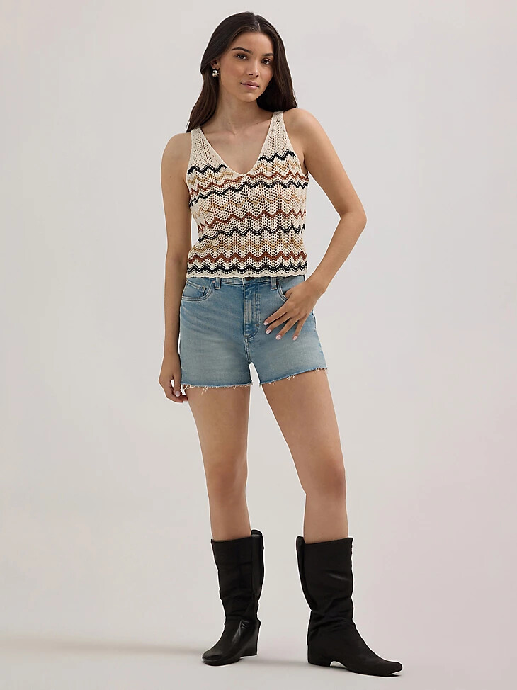 maglione da donna alluncinetto wrangler canotta motivo a zigzag bianco