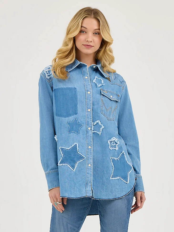 camicia con bottoni automatici starry western wrangler x lainey wilson true blue wash