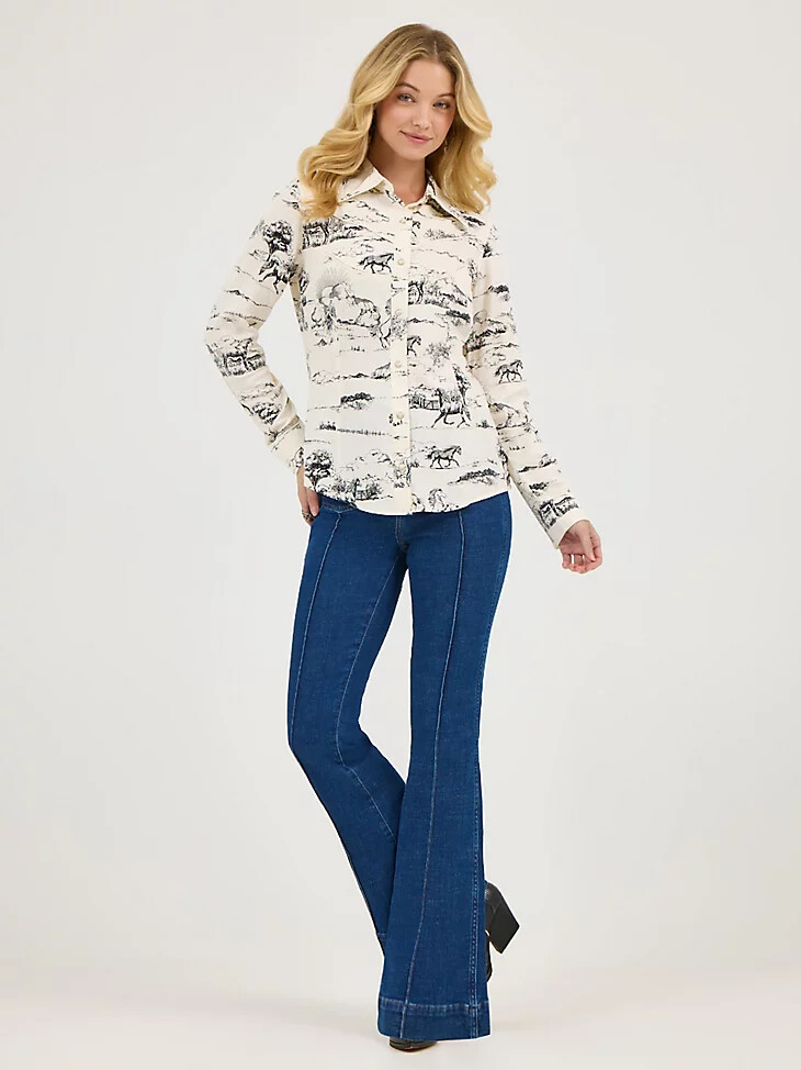 camicia con stampa paesaggio wrangler x lainey wilson country toile western snap