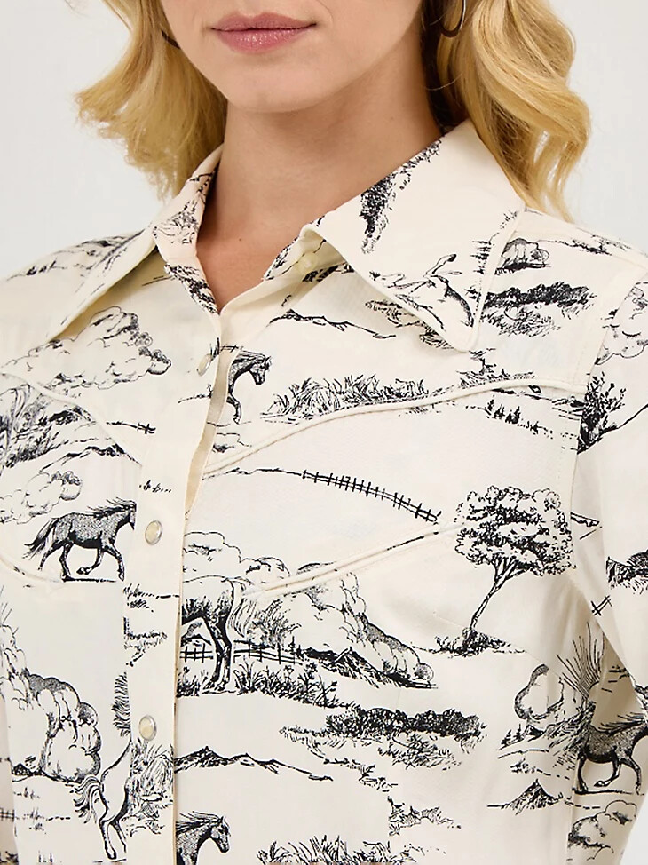 camicia con stampa paesaggio wrangler x lainey wilson country toile western snap