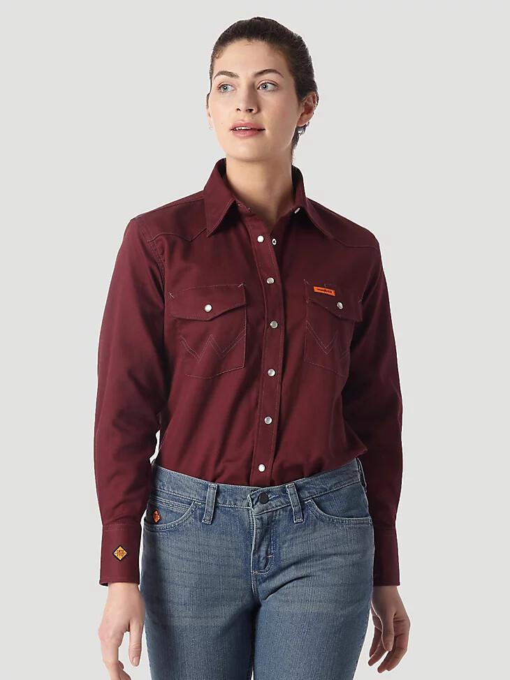camicia da lavoro a maniche lunghe ignifuga wrangler fr da donna colore bordeaux