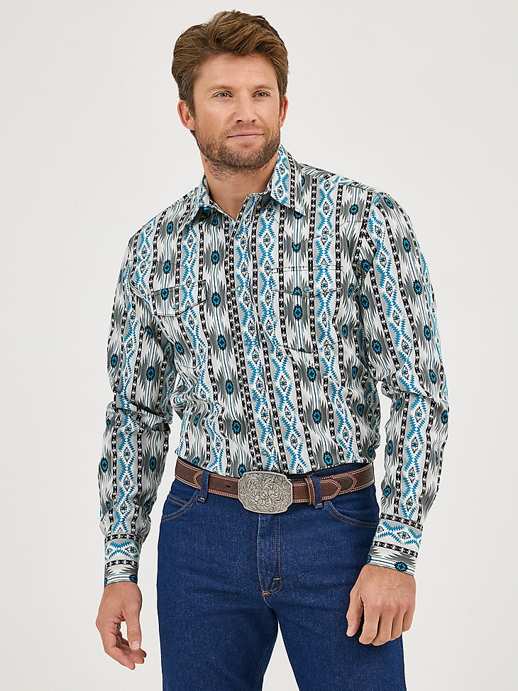 camicia da uomo checotah a maniche lunghe con stampa western e bottoni automatici colore grigio a contrasto