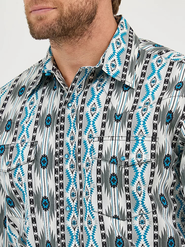 camicia da uomo checotah a maniche lunghe con stampa western e bottoni automatici colore grigio a contrasto