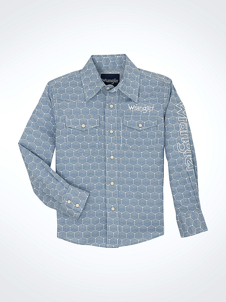 camicia da bambino con logo wrangler a maniche lunghe e bottoni a pressione in stile western esagoni blu acciaio
