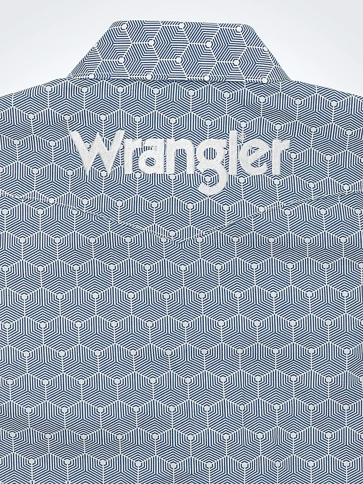 camicia da bambino con logo wrangler a maniche lunghe e bottoni a pressione in stile western esagoni blu acciaio