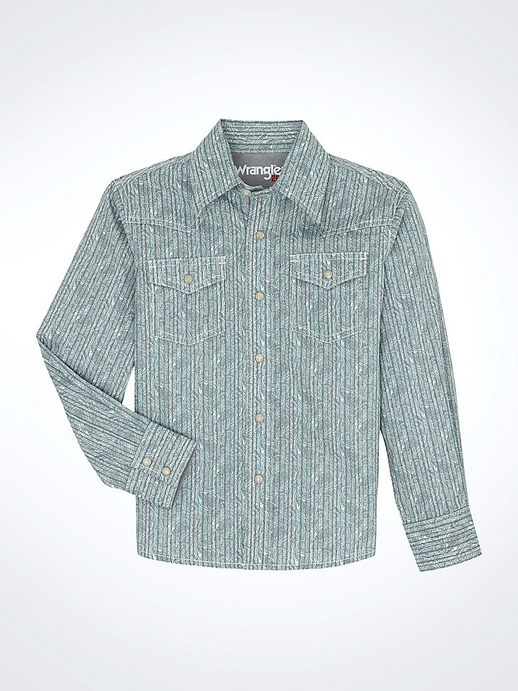 camicia da bambino wrangler 20x advanced comfort western con stampa a scatto motivo cachemire ciano