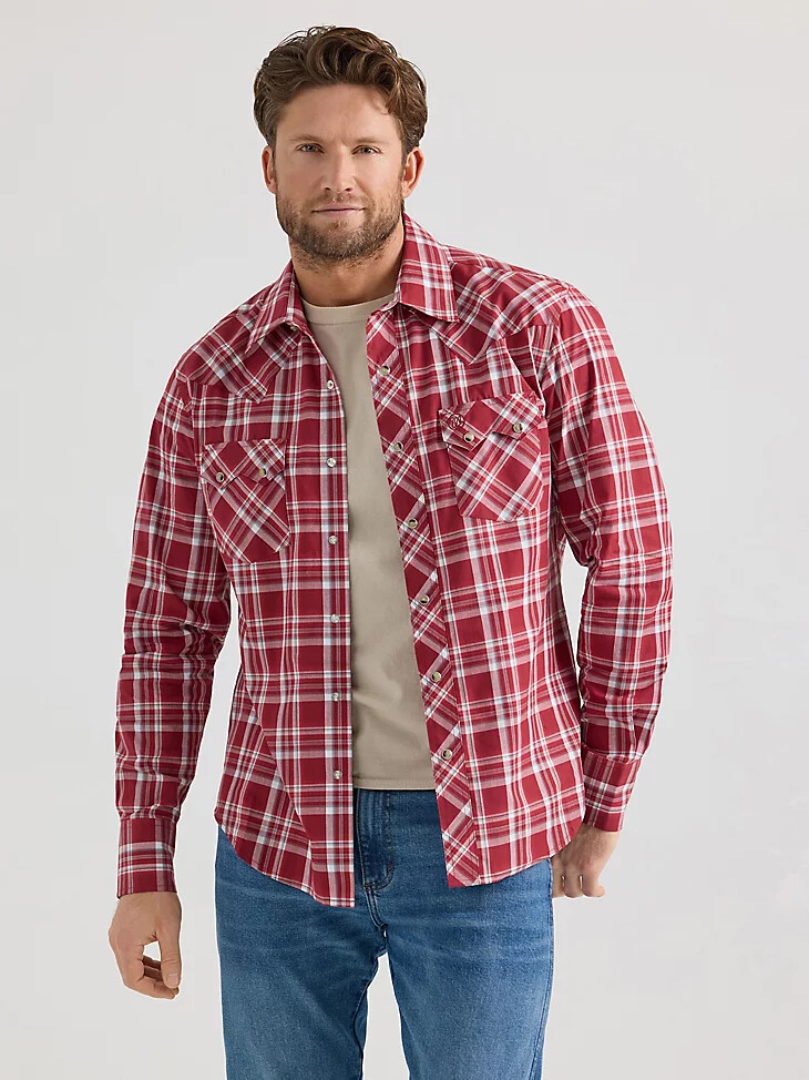 camicia western da uomo wrangler retro a maniche lunghe con bottoni a pressione e tasca a dente di sega scarlett