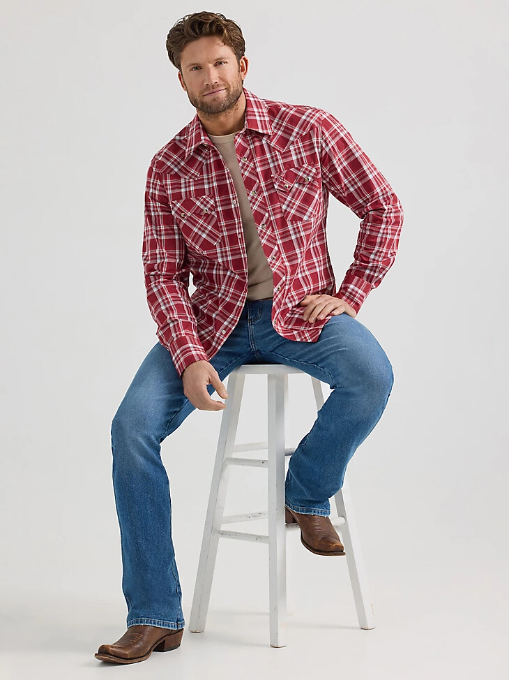 camicia western da uomo wrangler retro a maniche lunghe con bottoni a pressione e tasca a dente di sega scarlett