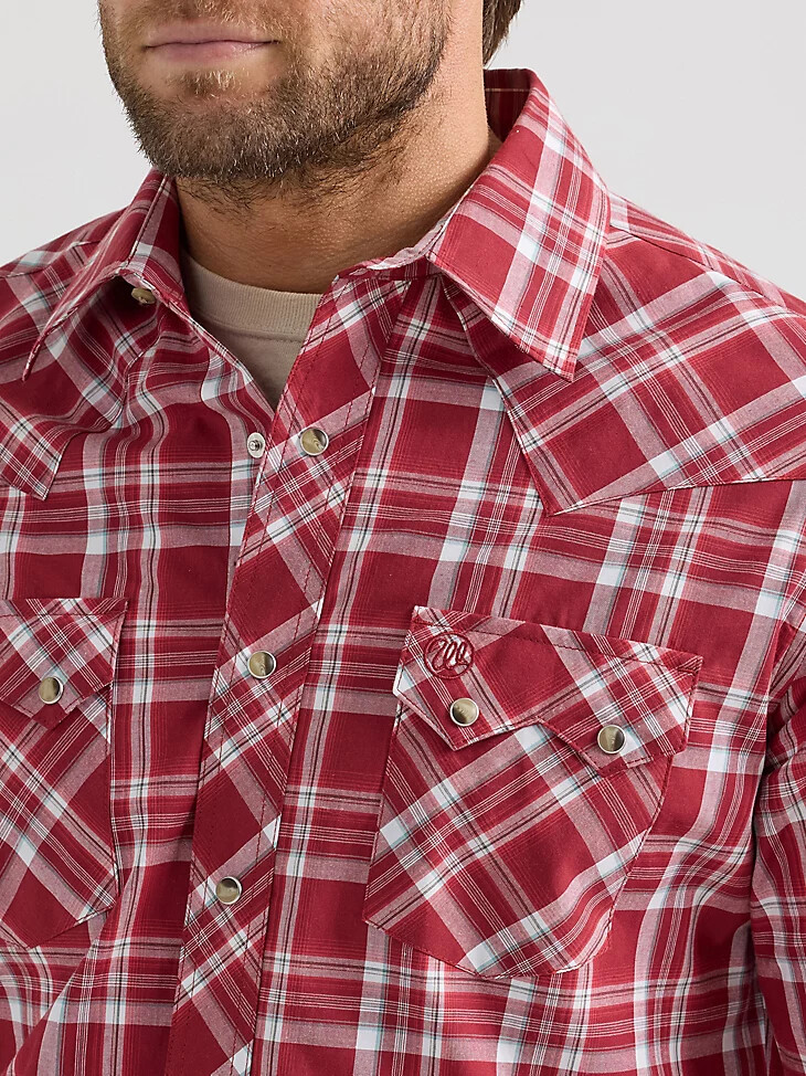 camicia western da uomo wrangler retro a maniche lunghe con bottoni a pressione e tasca a dente di sega scarlett