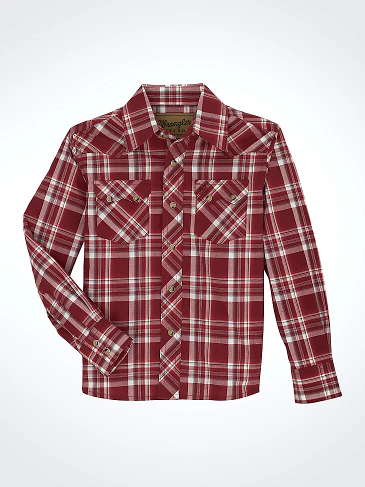 camicia a quadri wrangler retro western con bottoni automatici e tasche anteriori a dente di sega per bambino colore scarlett