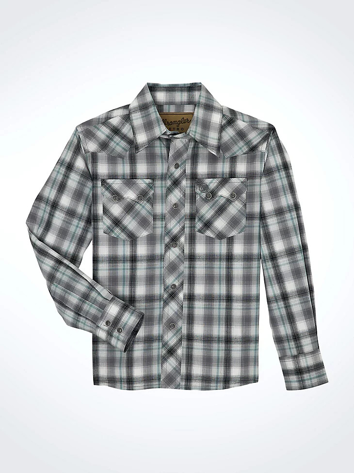 camicia a quadri wrangler retro western snap da bambino con tasche anteriori a dente di sega grigio fumo