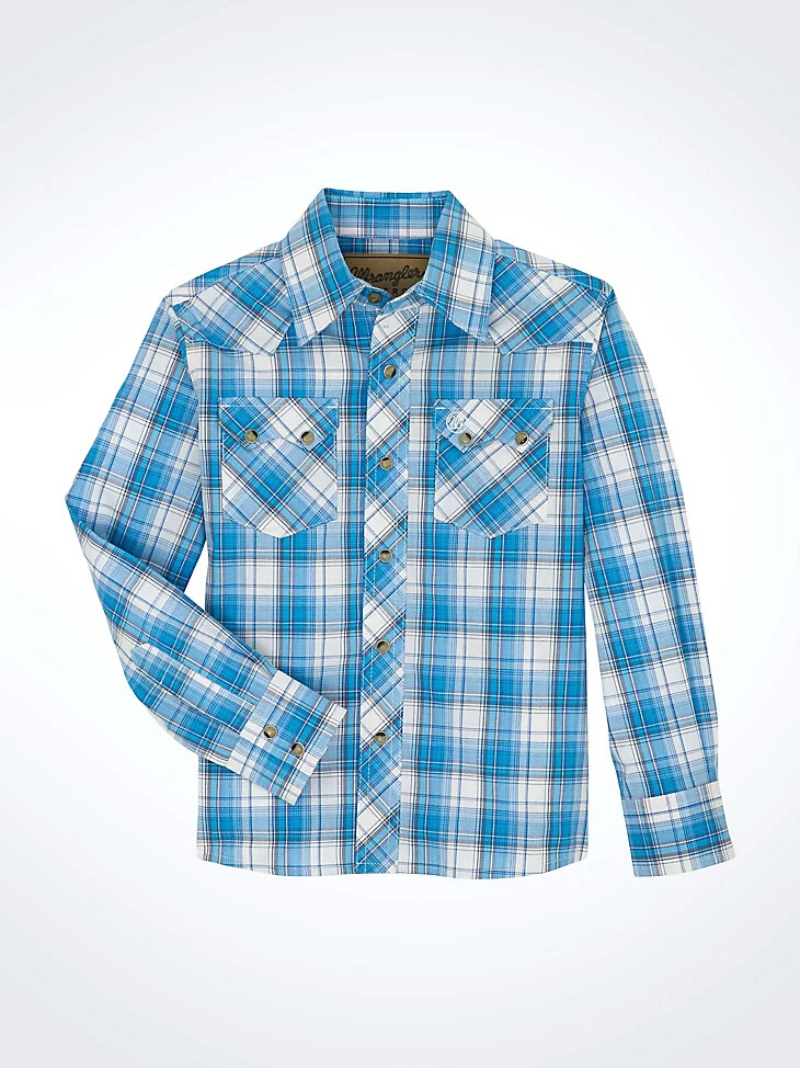 camicia a quadri western con bottoni automatici wrangler retro da bambino e tasche anteriori a dente di sega blu allodola