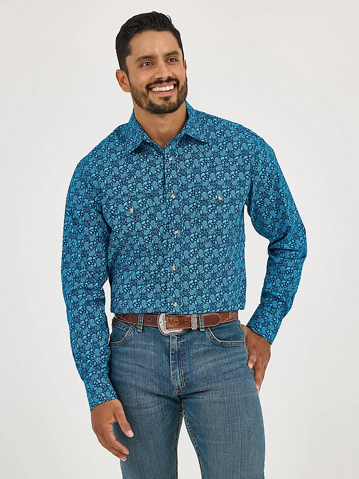 camicia da uomo 20x competition advanced comfort a maniche lunghe con due tasche e bottoni a pressione western colore turchese paisley