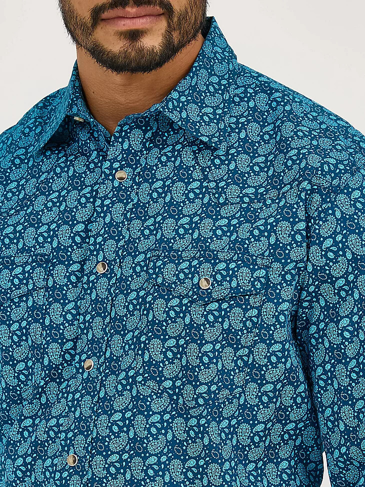 camicia da uomo 20x competition advanced comfort a maniche lunghe con due tasche e bottoni a pressione western colore turchese paisley