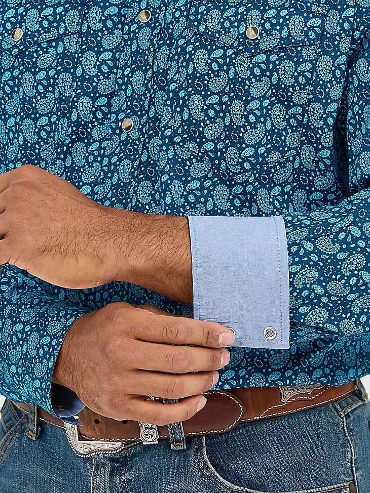camicia da uomo 20x competition advanced comfort a maniche lunghe con due tasche e bottoni a pressione western colore turchese paisley