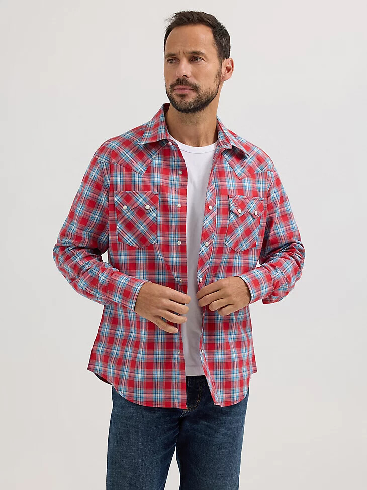 camicia western da uomo wrangler retro a maniche lunghe con bottoni a pressione e tasca a dente di sega rosso ciliegia