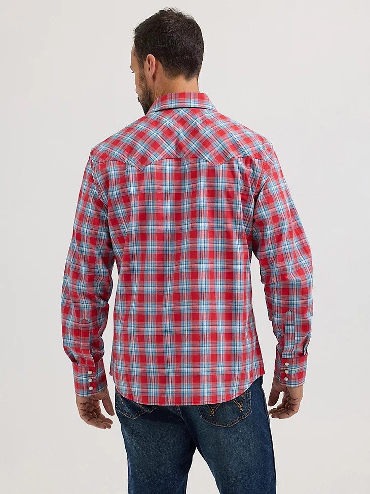 camicia western da uomo wrangler retro a maniche lunghe con bottoni a pressione e tasca a dente di sega rosso ciliegia