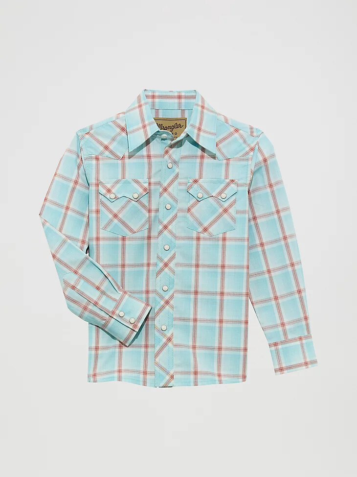 camicia a quadri western con bottoni automatici wrangler retro da bambino e tasche anteriori a dente di sega colore icy sea