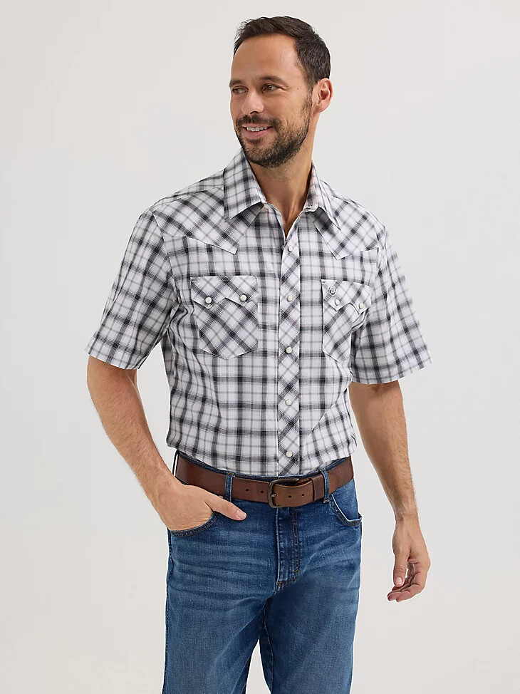 camicia da uomo wrangler retro a maniche corte con tasca a dente di sega e bottoni a pressione western orca