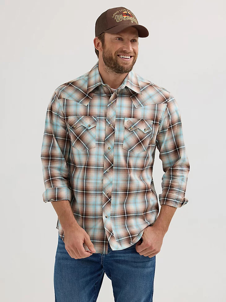 camicia western da uomo wrangler retro a maniche lunghe con bottoni a pressione e tasca a dente di sega in tessuto a quadri color tanino