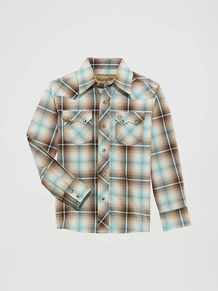 camicia da ragazzo wrangler retro western con bottoni a pressione e tasche anteriori a dente di sega color marrone a quadri
