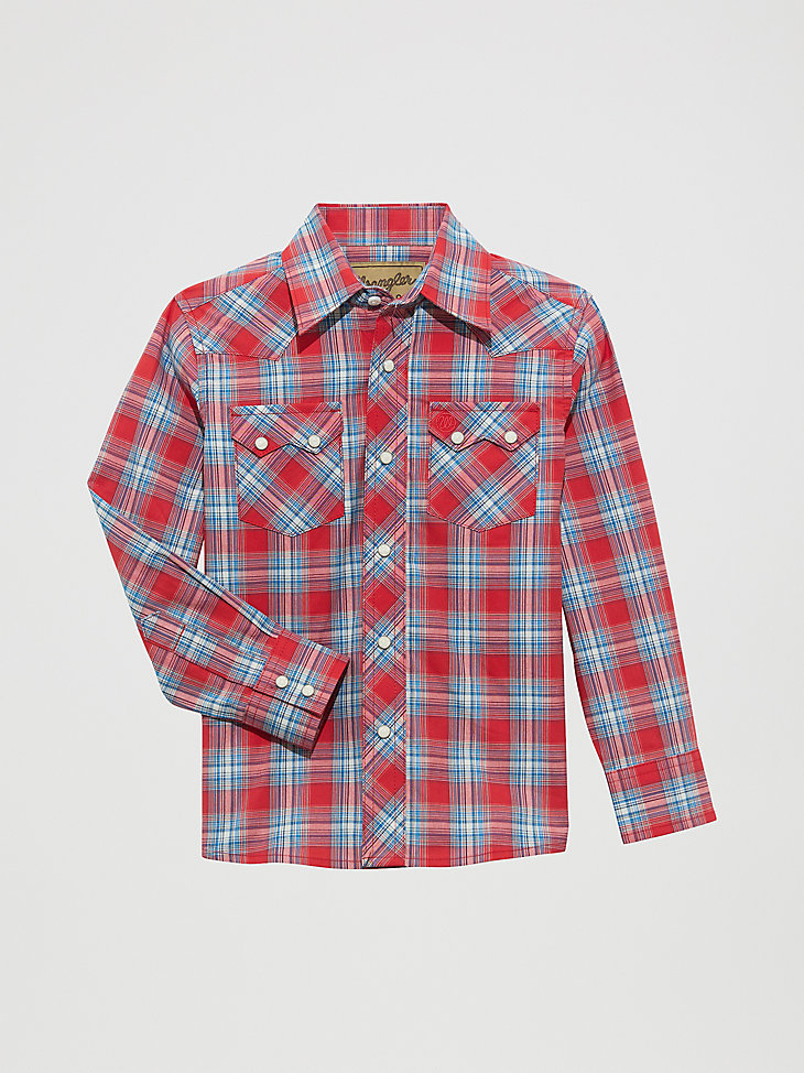 camicia a quadri wrangler retro western snap da bambino con tasche anteriori a dente di sega rosso ciliegia