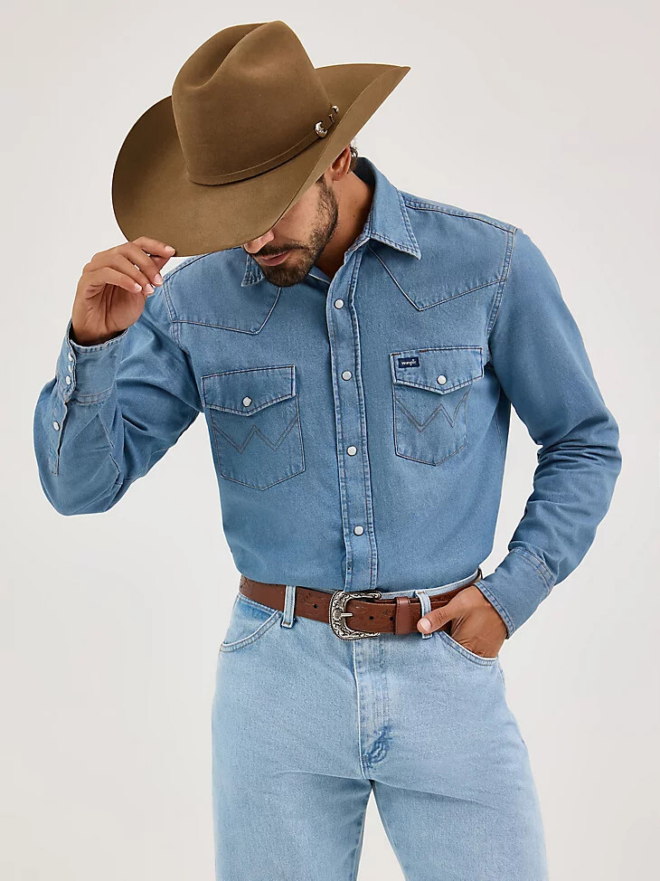 camicia da lavoro in denim western a maniche lunghe con bottoni automatici cowboy cut stonewash
