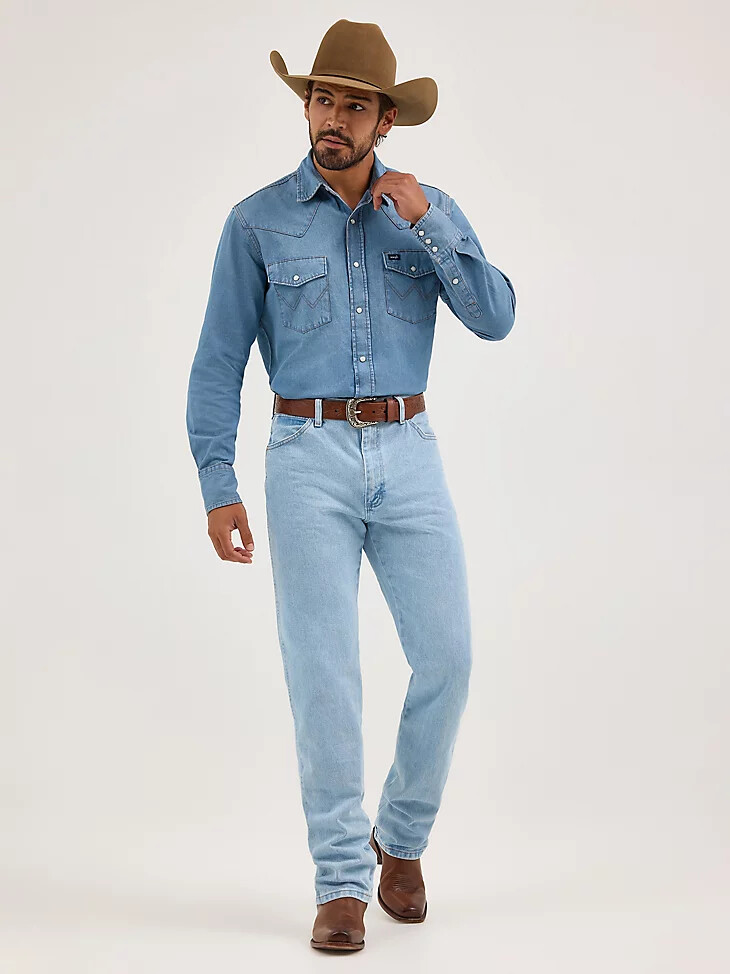 camicia da lavoro in denim western a maniche lunghe con bottoni automatici cowboy cut stonewash