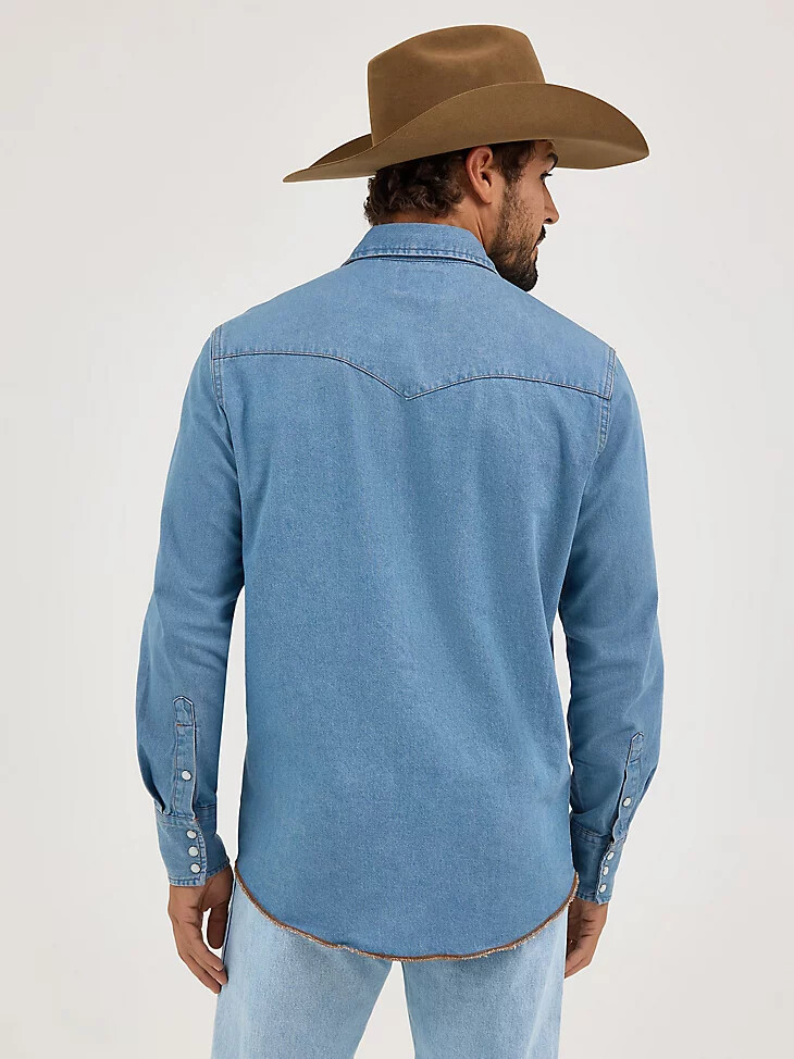 camicia da lavoro in denim western a maniche lunghe con bottoni automatici cowboy cut stonewash