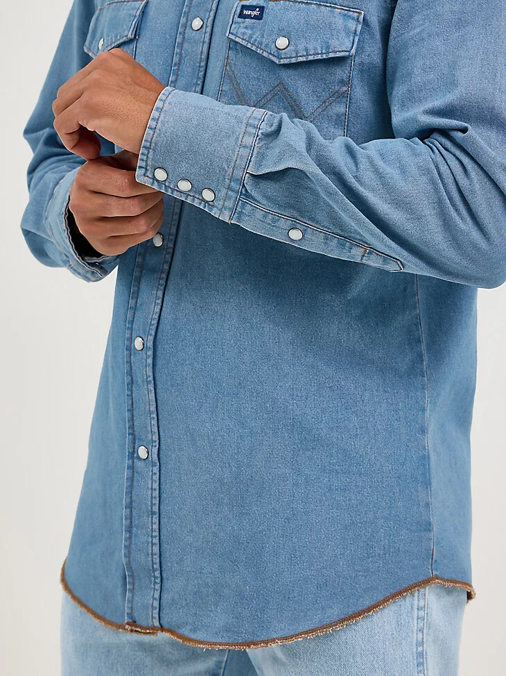 camicia da lavoro in denim western a maniche lunghe con bottoni automatici cowboy cut stonewash