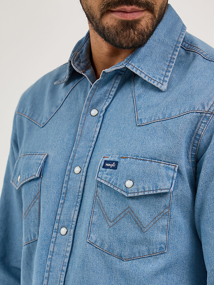 camicia da lavoro in denim western a maniche lunghe con bottoni automatici cowboy cut stonewash