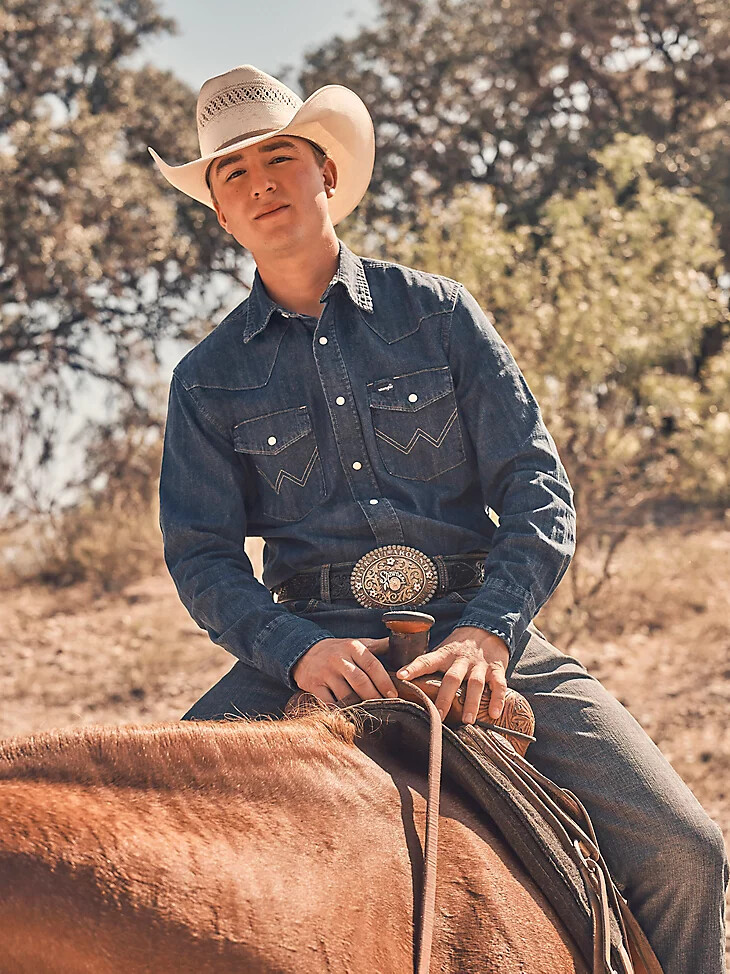camicia da lavoro in denim western a maniche lunghe con bottoni automatici cowboy cut in denim scuro