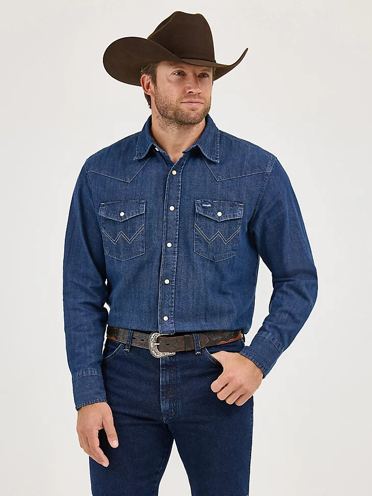 camicia da lavoro in denim western a maniche lunghe con bottoni automatici cowboy cut in denim scuro