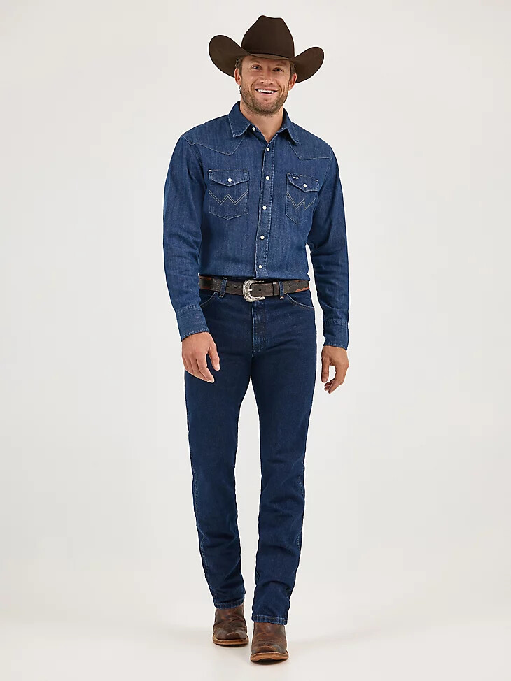 camicia da lavoro in denim western a maniche lunghe con bottoni automatici cowboy cut in denim scuro