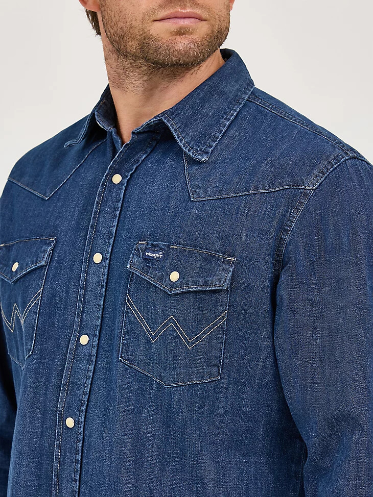 camicia da lavoro in denim western a maniche lunghe con bottoni automatici cowboy cut in denim scuro