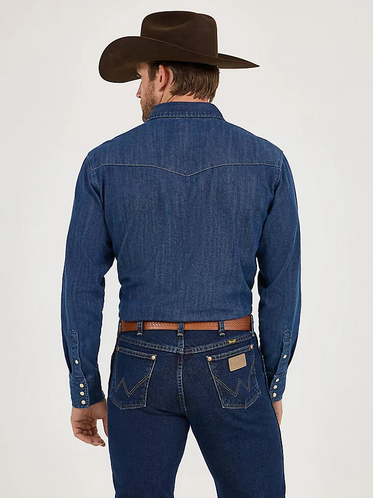 camicia da lavoro in denim western a maniche lunghe con bottoni automatici cowboy cut in denim scuro