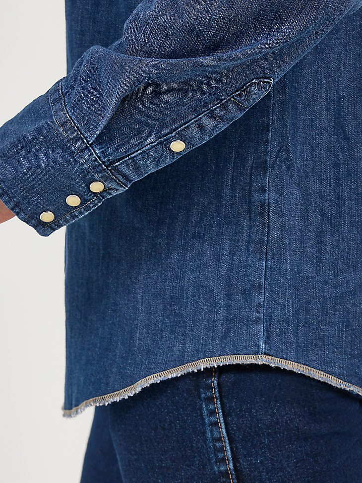 camicia da lavoro in denim western a maniche lunghe con bottoni automatici cowboy cut in denim scuro
