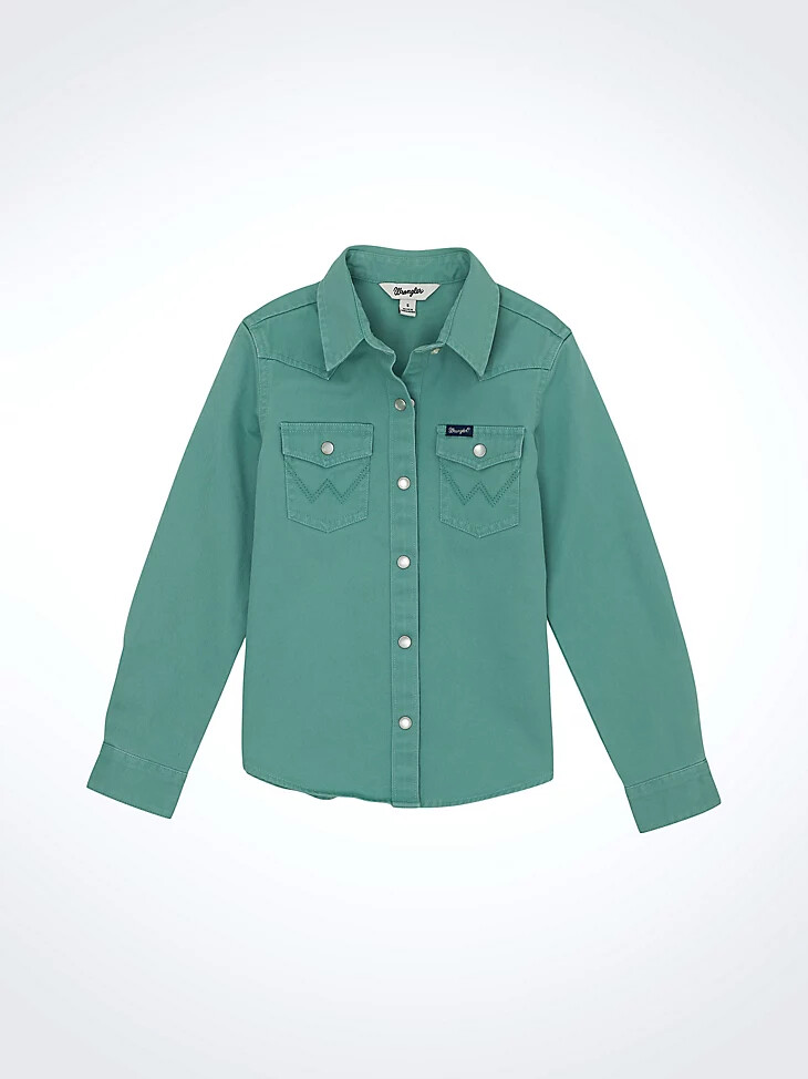camicia western con bottoni automatici color slavato da bambina verde acqua