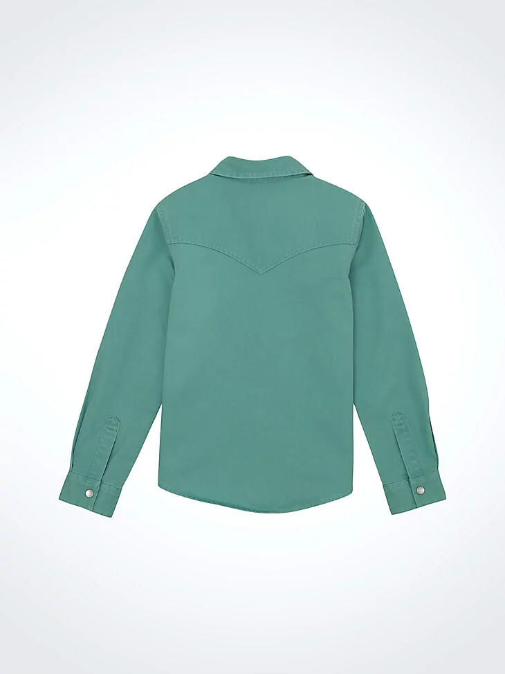 camicia western con bottoni automatici color slavato da bambina verde acqua