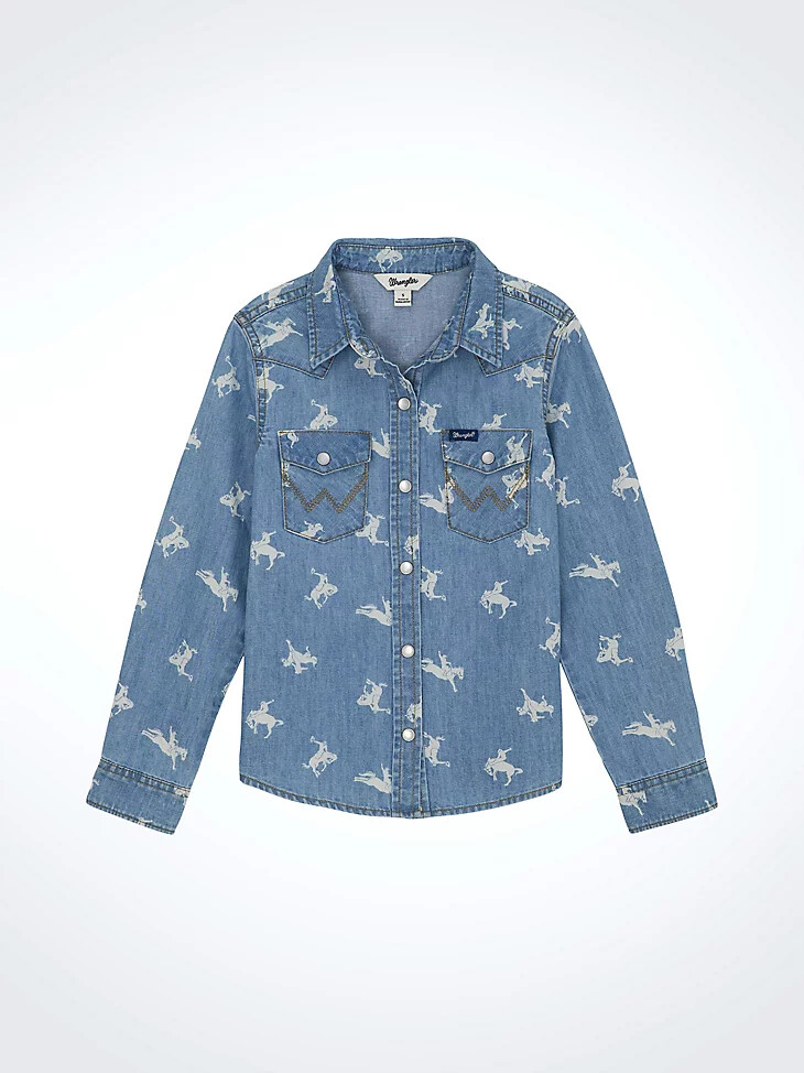 camicia da ragazza in denim stampato con bottoni a pressione blu