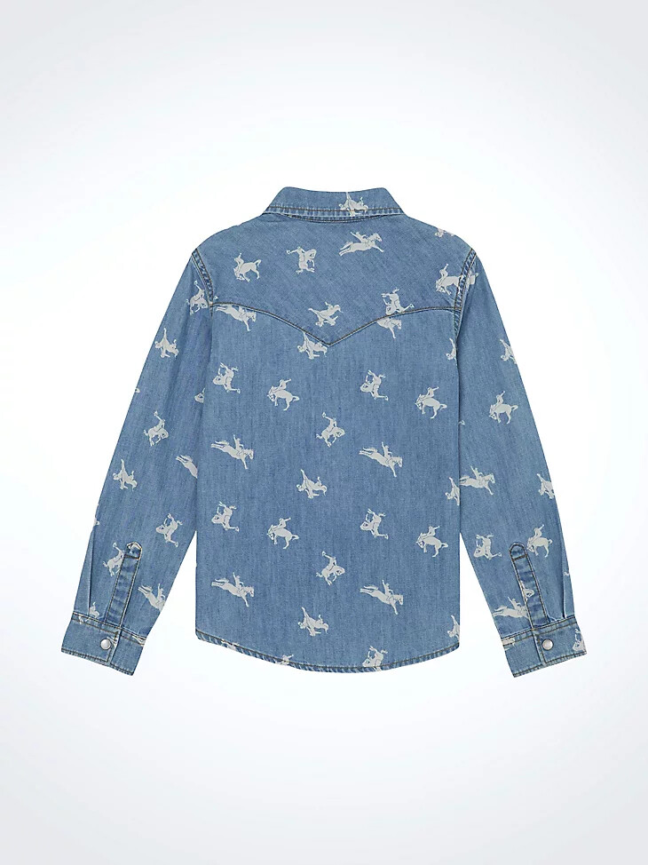camicia da ragazza in denim stampato con bottoni a pressione blu