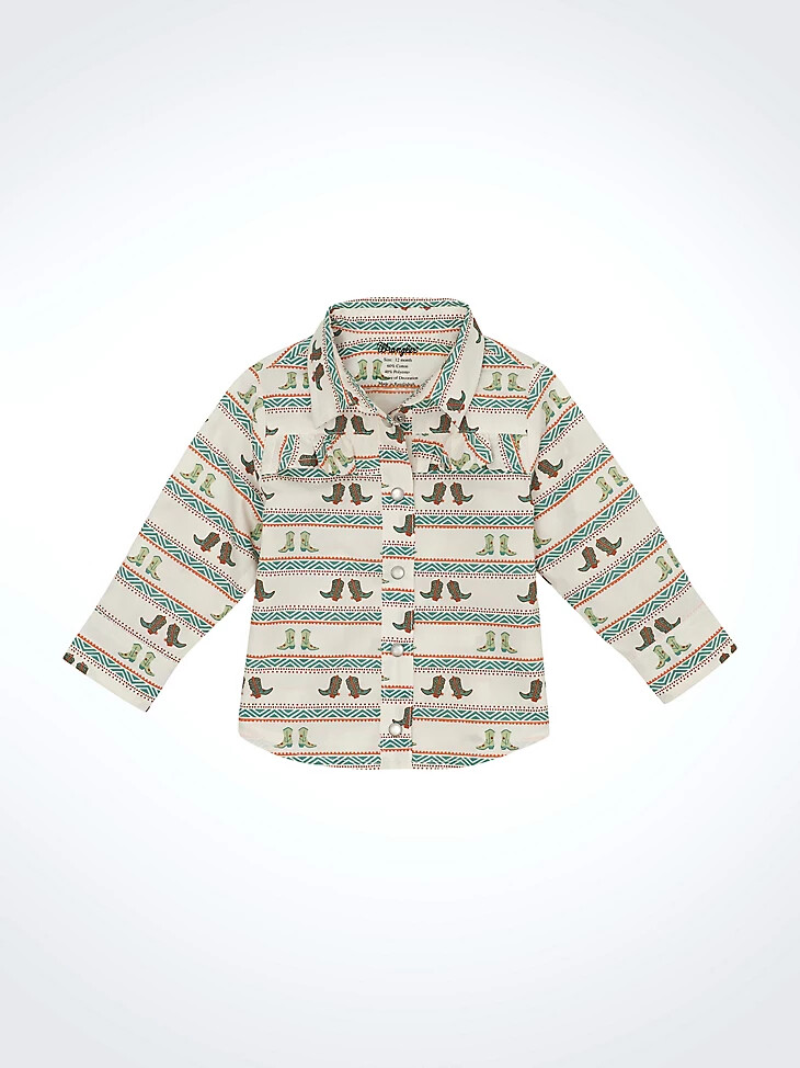 camicia bianca con bottoni automatici e stivali da cowgirl per bambina