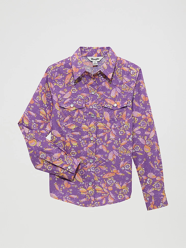 camicia da ragazza con stampa floreale cacti western e bottoni a pressione colore cacti viola