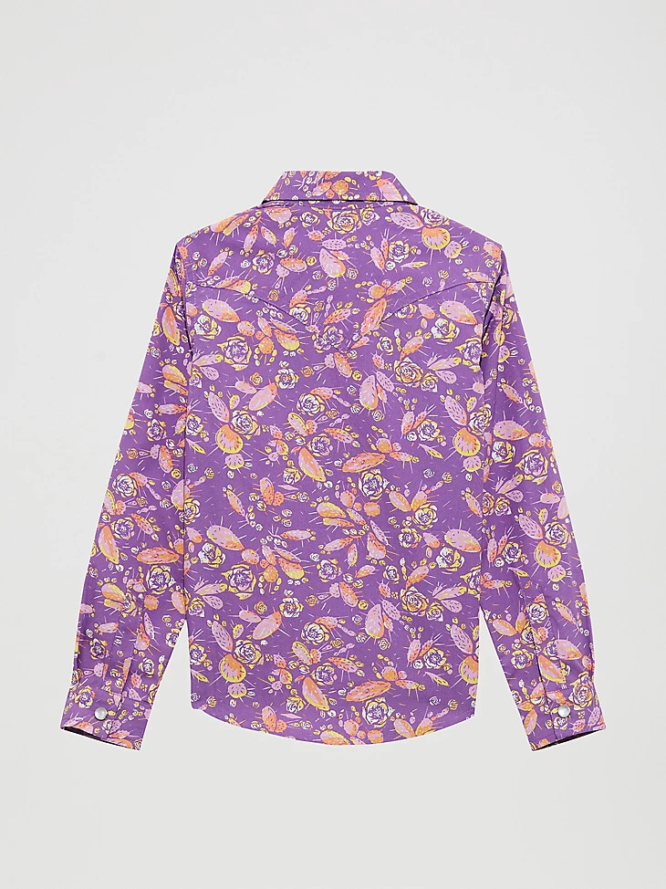 camicia da ragazza con stampa floreale cacti western e bottoni a pressione colore cacti viola