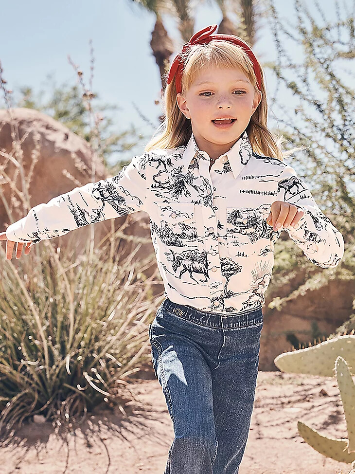camicia da ragazza wrangler x lainey wilson country toile western snap con stampa paesaggio