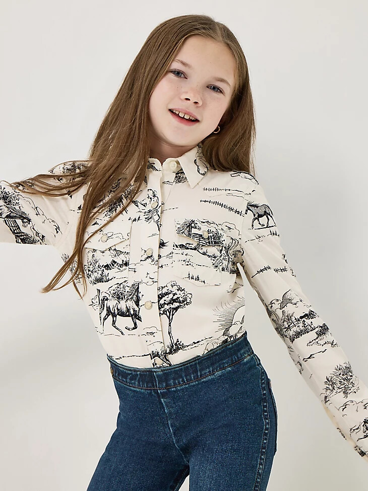 camicia da ragazza wrangler x lainey wilson country toile western snap con stampa paesaggio