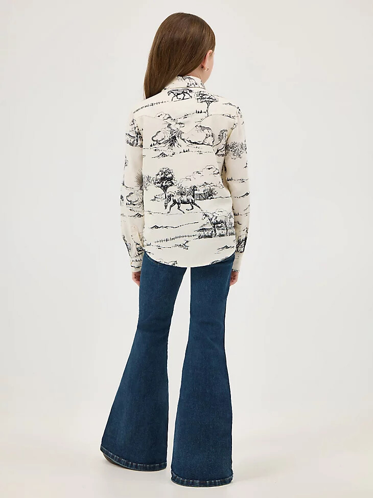 camicia da ragazza wrangler x lainey wilson country toile western snap con stampa paesaggio