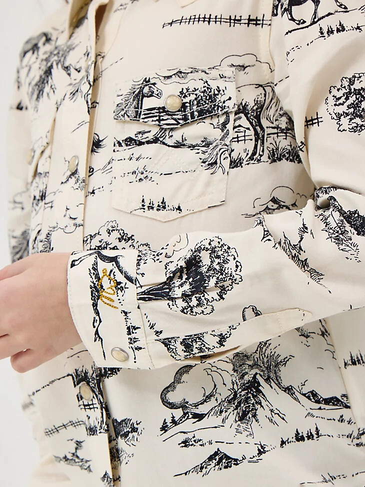 camicia da ragazza wrangler x lainey wilson country toile western snap con stampa paesaggio
